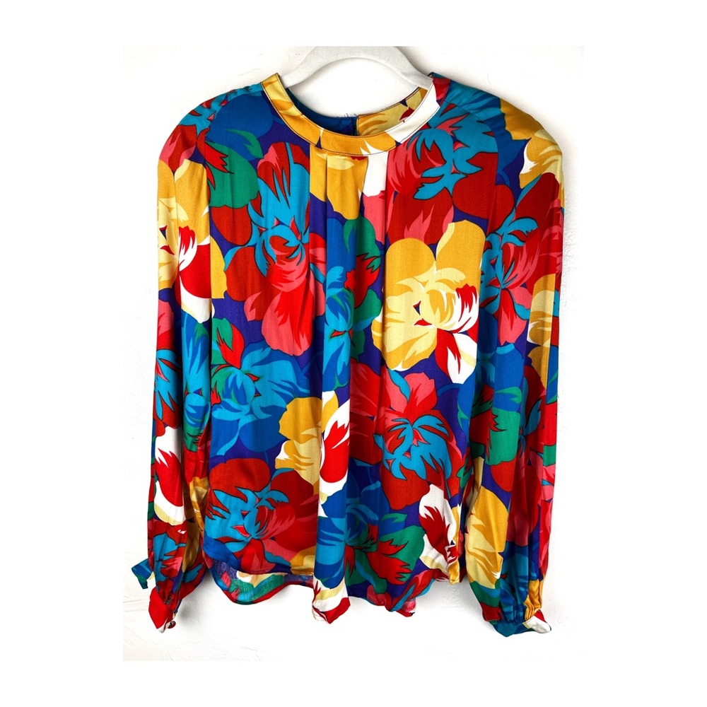Jimmy Garcia Blouse 80s flowers Shoulder Pads Multicolor Long Sleeve Size Large.
